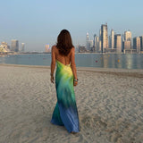 Summer Women's Clothes Hot-Selling Sexy Figure High Waist Gradient Color Deep V Cross Strap Dress Beach