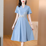 THEMEISLES Mothers' Wedding Dress V-neck Cheongsam Formal Dress  Spring and Summer New Mother's Clothes Elegant Dress