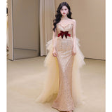 2025 tube top dress, Popular light luxury niche 2025 new high-end banquet femininity fishtail host dress