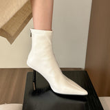 2025  Gentle beauty! White pointed high-heeled short boots women's autumn thin soft leather thin boots