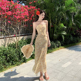 2025 pure desire vacation yellow floral chiffon dress ruffle leaf edge backless thin tube top sexy split skirt