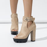Summer New European and American Fashionable Chunky Heel Sandals Hollow Comfort Buckle High Heel Roman Sandals Foreign Trade Size 42