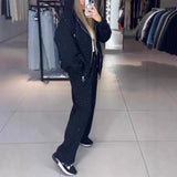 THEMEISLES 2025 New sports suit women's autumn and winter zipper lazy style casual hooded sweater full of diamond wide-leg pants two-piece set