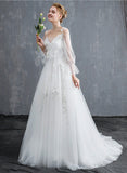 themeisles White Tulle with Lace Applique Long Straps Party Dress, White Wedding Party Dress