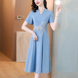 THEMEISLES Mothers' Wedding Dress V-neck Cheongsam Formal Dress  Spring and Summer New Mother's Clothes Elegant Dress