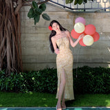 2025 pure desire vacation yellow floral chiffon dress ruffle leaf edge backless thin tube top sexy split skirt