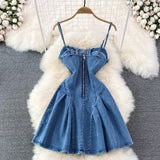 2025 Summer New Lace-up Waist-Controlled Slim Backless Sleeveless Sexy Sweet Denim Sling A- line Dress Women