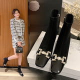 2025  popular new Korean version of rhinestone elastic thin boots square head thick heel small fragrant wind high heel short boots women's spring and autumn single boots