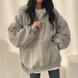 THEMEISLES 5 colors, trendy brand pullover zipper hooded sweater women's ins long Korean loose spring, autumn and winter velvet Korean version thin