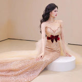 2025 tube top dress, Popular light luxury niche 2025 new high-end banquet femininity fishtail host dress