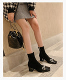 2025  popular new Korean version of rhinestone elastic thin boots square head thick heel small fragrant wind high heel short boots women's spring and autumn single boots