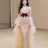2025 tube top dress, Popular light luxury niche 2025 new high-end banquet femininity fishtail host dress