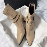 2025  Delicate extravagant thick heel pointed splicing elastic thin boots large size short tube medium heel women's boots
