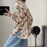 2025 Spot design sense retro court style velvet printed shirt women loose and thin casual vertical slightly transparent top women