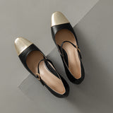 THEMEISLES Luhe Nara Genuine Leather  Artistic Elegant Lady Color Matching Medium Chunky Heel round Toe Shallow Mouth Mary Jane Shoes Pumps Women