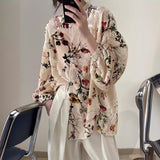 2025 Spot design sense retro court style velvet printed shirt women loose and thin casual vertical slightly transparent top women