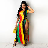 European and American Women's Clothing 2025 Summer Hot round Neck Dress Sexy Stripes Printed Side Drawstring Hanging Dress Women
