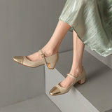 THEMEISLES Luhe Nara Genuine Leather  Artistic Elegant Lady Color Matching Medium Chunky Heel round Toe Shallow Mouth Mary Jane Shoes Pumps Women