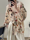 2025 Spot design sense retro court style velvet printed shirt women loose and thin casual vertical slightly transparent top women