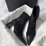 2025  Delicate extravagant thick heel pointed splicing elastic thin boots large size short tube medium heel women's boots