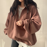 THEMEISLES 5 colors, trendy brand pullover zipper hooded sweater women's ins long Korean loose spring, autumn and winter velvet Korean version thin