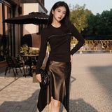 Star same zipper black crew neck long-sleeved knitted sweater PU skirt autumn new two-piece set women's L9163