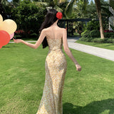 2025 pure desire vacation yellow floral chiffon dress ruffle leaf edge backless thin tube top sexy split skirt