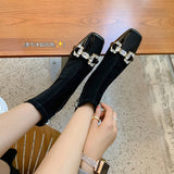 2025  popular new Korean version of rhinestone elastic thin boots square head thick heel small fragrant wind high heel short boots women's spring and autumn single boots