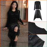 Star same zipper black crew neck long-sleeved knitted sweater PU skirt autumn new two-piece set women's L9163