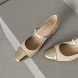 THEMEISLES Luhe Nara Genuine Leather  Artistic Elegant Lady Color Matching Medium Chunky Heel round Toe Shallow Mouth Mary Jane Shoes Pumps Women