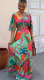 2025  European and American Women's Clothing  Summer Temperament Commute Dress Mid-Waist Floral Print Belt Maxi Dress