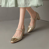 THEMEISLES Luhe Nara Genuine Leather  Artistic Elegant Lady Color Matching Medium Chunky Heel round Toe Shallow Mouth Mary Jane Shoes Pumps Women