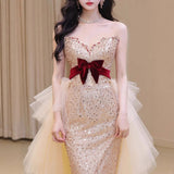 2025 tube top dress, Popular light luxury niche 2025 new high-end banquet femininity fishtail host dress