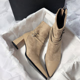 2025  Delicate extravagant thick heel pointed splicing elastic thin boots large size short tube medium heel women's boots