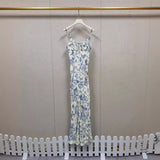 Elegant 24 Summer Vintage Floral Printed Lace up Slim Fishtail Suspender Skirt Holiday Dress