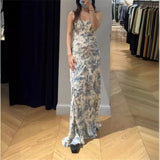 Elegant 24 Summer Vintage Floral Printed Lace up Slim Fishtail Suspender Skirt Holiday Dress