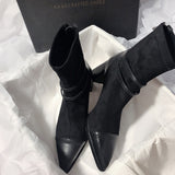 2025  Delicate extravagant thick heel pointed splicing elastic thin boots large size short tube medium heel women's boots