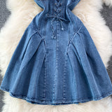 2025 Summer New Lace-up Waist-Controlled Slim Backless Sleeveless Sexy Sweet Denim Sling A- line Dress Women