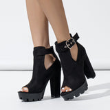 Summer New European and American Fashionable Chunky Heel Sandals Hollow Comfort Buckle High Heel Roman Sandals Foreign Trade Size 42