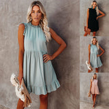 Hot Trade 2025 Summer New European and American Style Women's Clothing  Solid Color Pullover Ruffled Dress Short Skirt