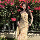 2025 pure desire vacation yellow floral chiffon dress ruffle leaf edge backless thin tube top sexy split skirt