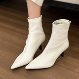 2025  Gentle beauty! White pointed high-heeled short boots women's autumn thin soft leather thin boots