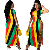 European and American Women's Clothing 2025 Summer Hot round Neck Dress Sexy Stripes Printed Side Drawstring Hanging Dress Women