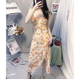 Women's Suspender Skirt 2025 Summer  Sexy V-neck High Waist Slit Chiffon Irregular Long Dress Floral Dress