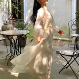 themeisles Vintage Korean V-neck Pleated Maxi Dresses for Women Ladies Party Fringed Lace Puff Sleeve Ruffled Lady Dreses Elegant Summer