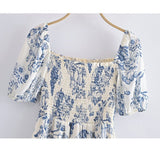 themeisles New Summer Women Vintage Fruit Floral Print Square Neck Puff Sleeves Elastic Sexy Side Slit Long  Midi Dress