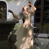 themeisles Vintage Korean V-neck Pleated Maxi Dresses for Women Ladies Party Fringed Lace Puff Sleeve Ruffled Lady Dreses Elegant Summer