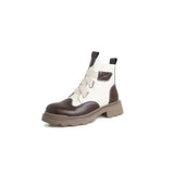 themeisles Autumn Shoes    NEW Fall Women Boots Round Toe Chunky Shoes Women Mixed Color Split Leather Boots Leisure Slip-on Thick Heel Winter Short Boots