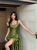 themeisles Summer New Women's Suspender Dress Satin Long Small Dress Summer Mermaid Tail Big Swing Lotus Leaf Holiday Dress Fairy