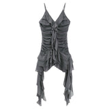 themeisles Y2K Mini Dress Summer Gothic Strap Ruffles Fairy Dress Women Sleeveless Irreular V-neck Cake Dress Emo Alt Vintage Goth